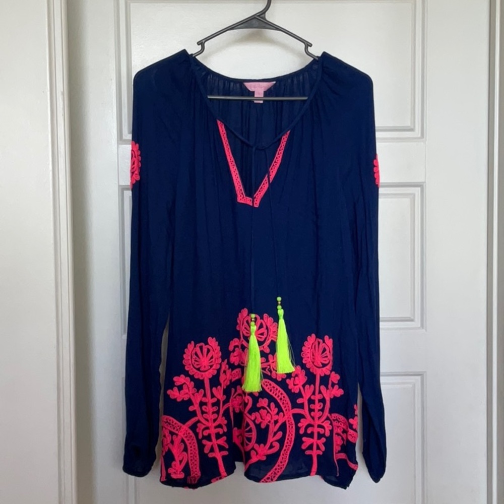 Lilly Pulitzer Navy Top with Pink Embroidery on front and back!!